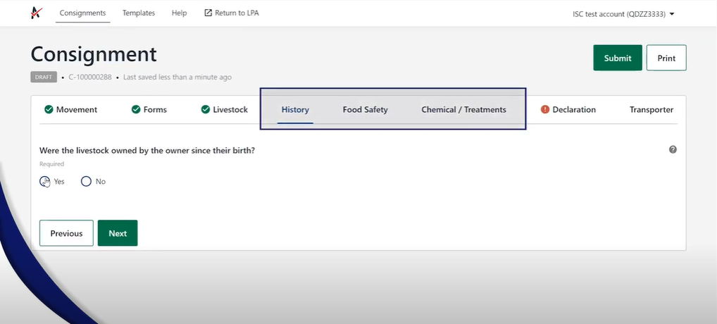 Screenshot of the eNVD to show how to declare livestock ownership