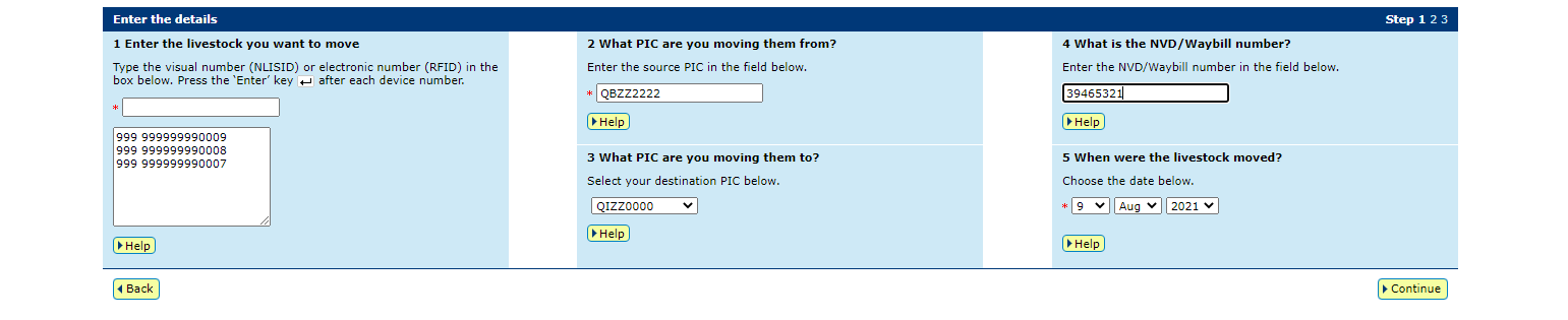Screenshot of step 2 of moving livestock onto or off a PIC.